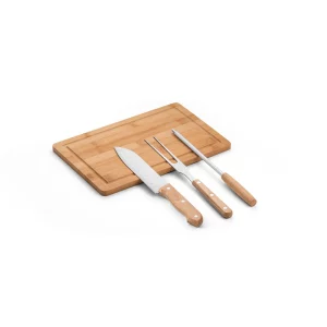 Ensemble d&rsquo;ustensiles en bambou, bois et inox pour barbecue – 4 pièces – MOUSSAKA II